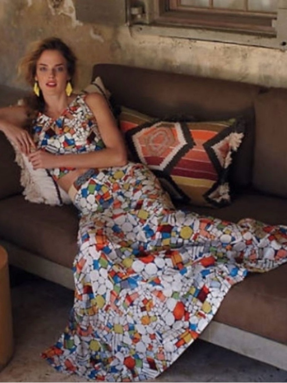 Anthropologie White Mosaic Maxi Skirt with Multicolor Tiles